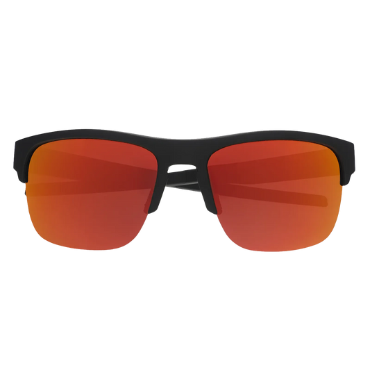 Front view of the Goodr Unisex Flex G Sunglasses featuring a black half-rim frame and vibrant orange mirrored polarized lenses.