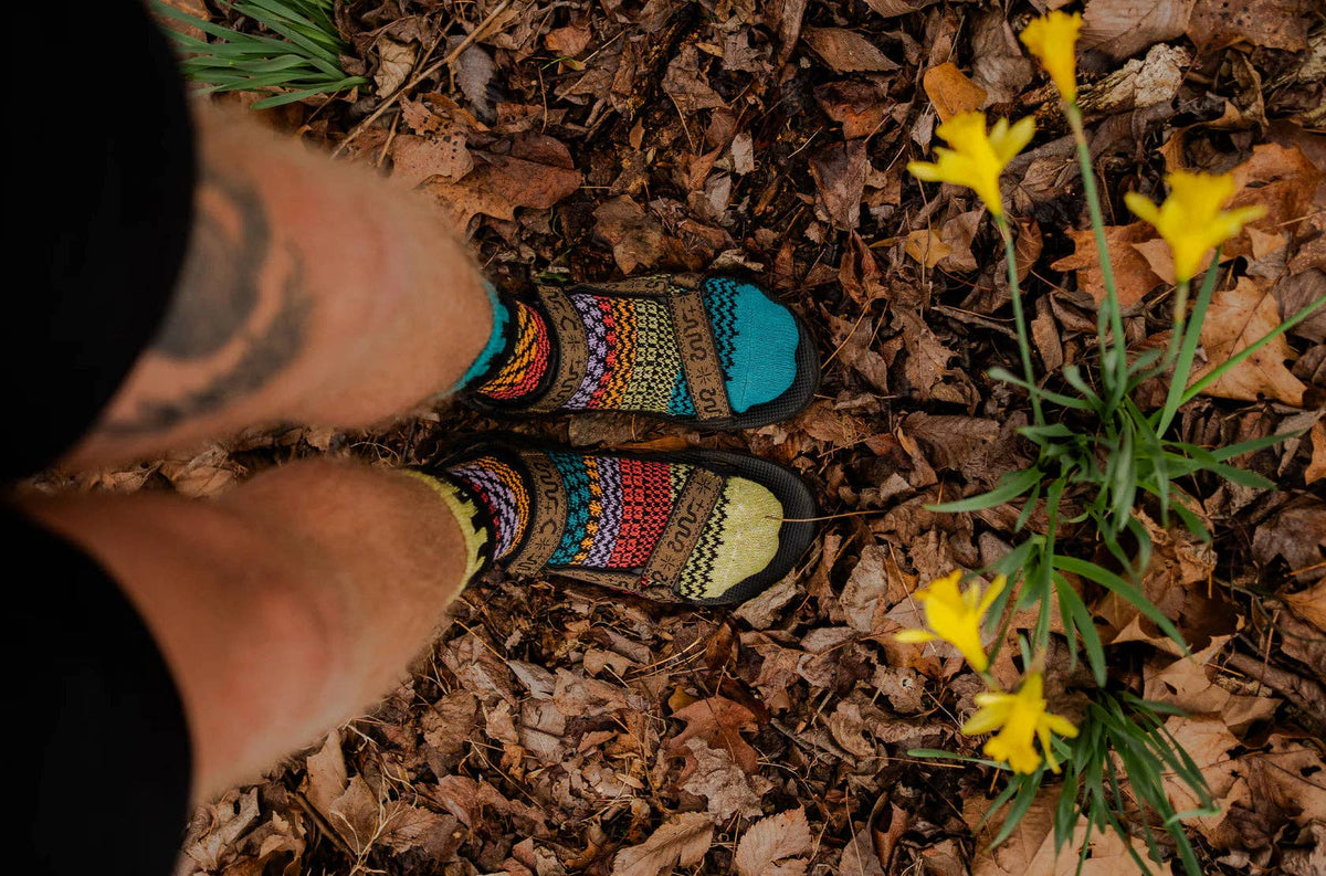 A top-down view of a person's legs and feet wearing Solmate colorful patterned knit socks and black sandals, standing on a bed of brown autumn leaves next to yellow daffodils.
