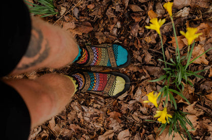 A top-down view of a person's legs and feet wearing Solmate colorful patterned knit socks and black sandals, standing on a bed of brown autumn leaves next to yellow daffodils.