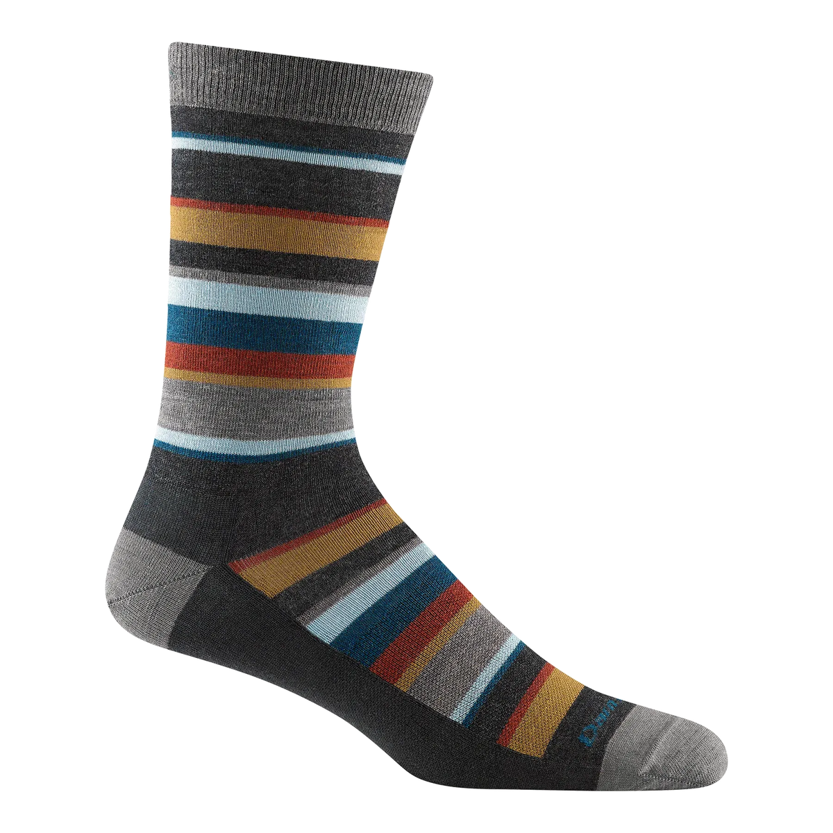 Darn Tough Druid crew sock with a multicolor striped pattern on a clean white background. The sock features horizontal stripes of gray, black, light blue, mustard yellow, and red, with solid gray sections on the heel and toe.