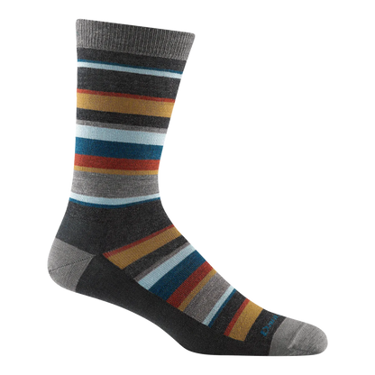 Darn Tough Druid crew sock with a multicolor striped pattern on a clean white background. The sock features horizontal stripes of gray, black, light blue, mustard yellow, and red, with solid gray sections on the heel and toe.
