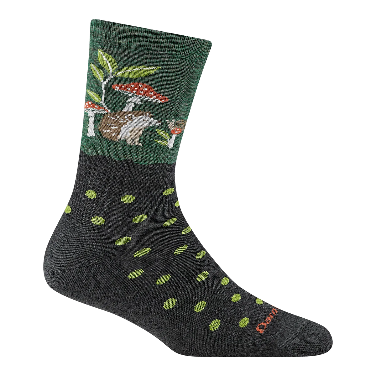 Darn Tough Women's Wild Life Crew Lightweight Lifestyle Socks in moss green showcasing a hedgehog amongst some mushrooms.
