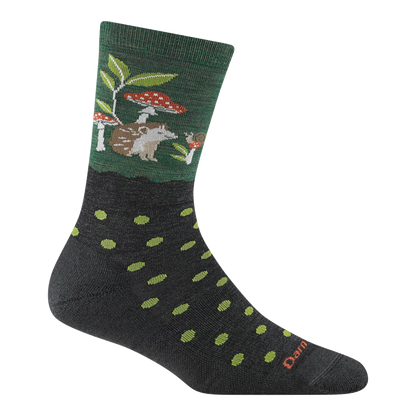 Darn Tough Women's Wild Life Crew Lightweight Lifestyle Socks in moss green showcasing a hedgehog amongst some mushrooms.