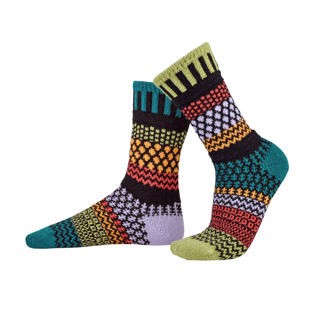 Solmate Adult Crew Artichoke mismatched socks in teal, light purple, moss green, marigold, orange and black