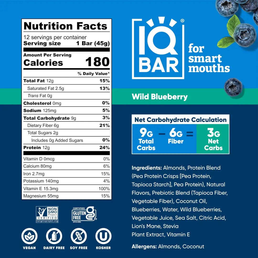 IQBAR Wild Blueberry Brain + Body Protein Bar