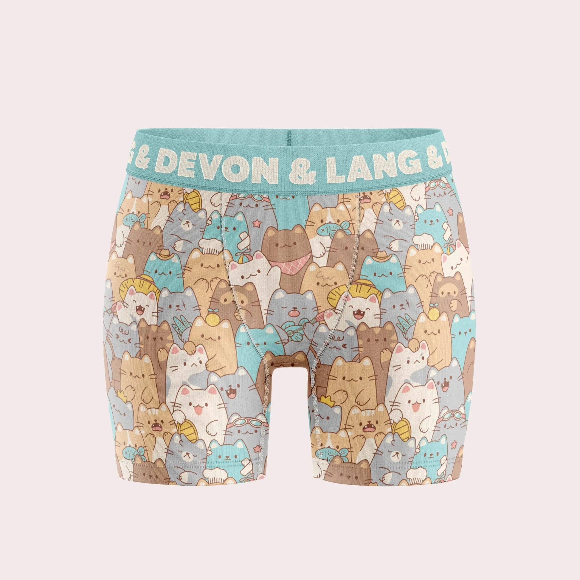 Devon & Lang Women's Bria 5 Inch Boxer Brief in Cat Stack print with full-length cotton gusset.
