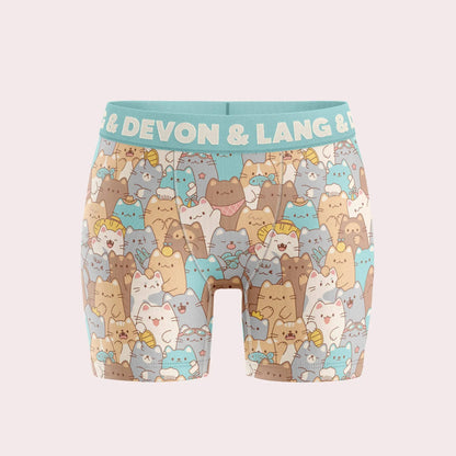 Devon & Lang Women's Bria 5 Inch Boxer Brief in Cat Stack print with full-length cotton gusset.