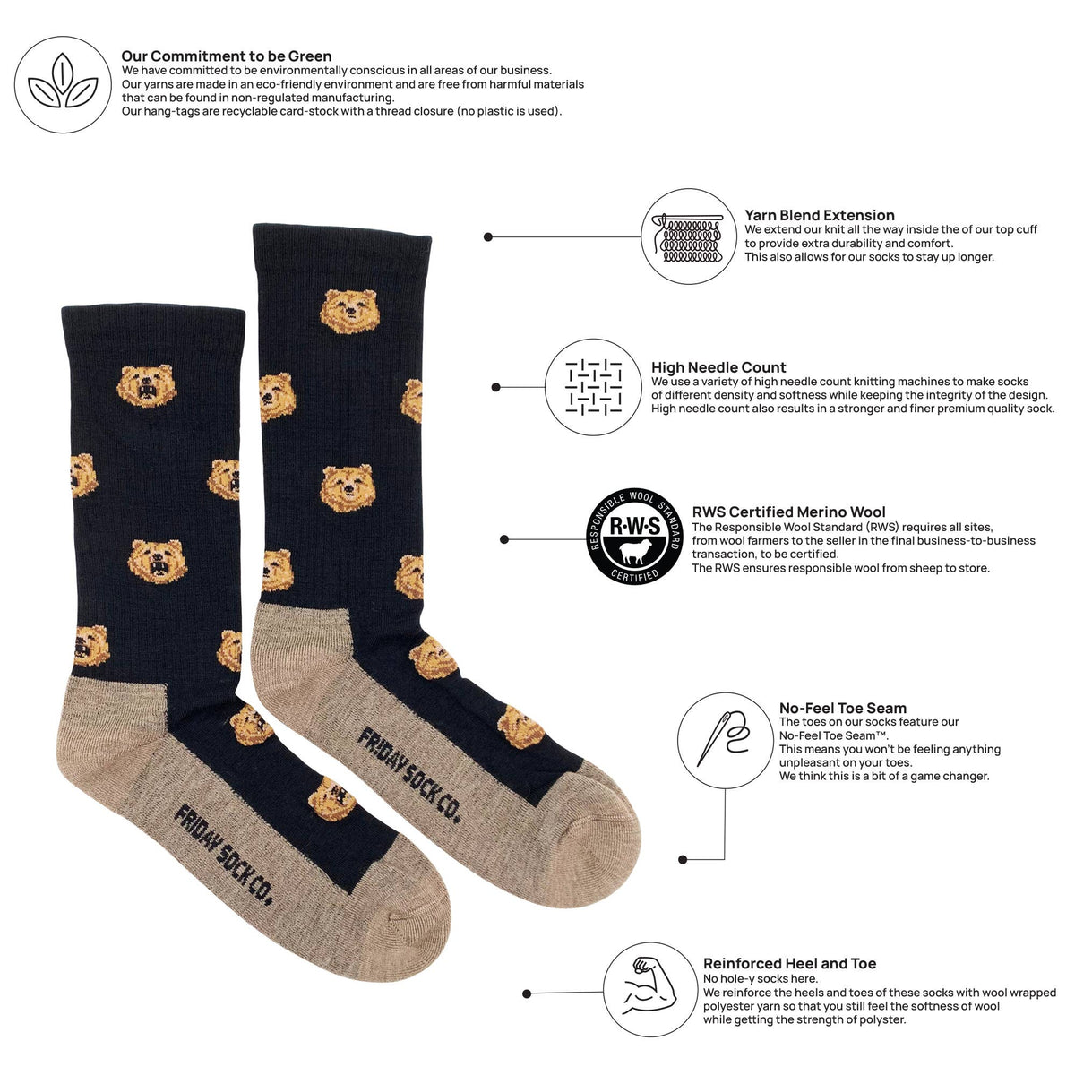 Friday Sock Co. Men's Bear Merino Wool Socks