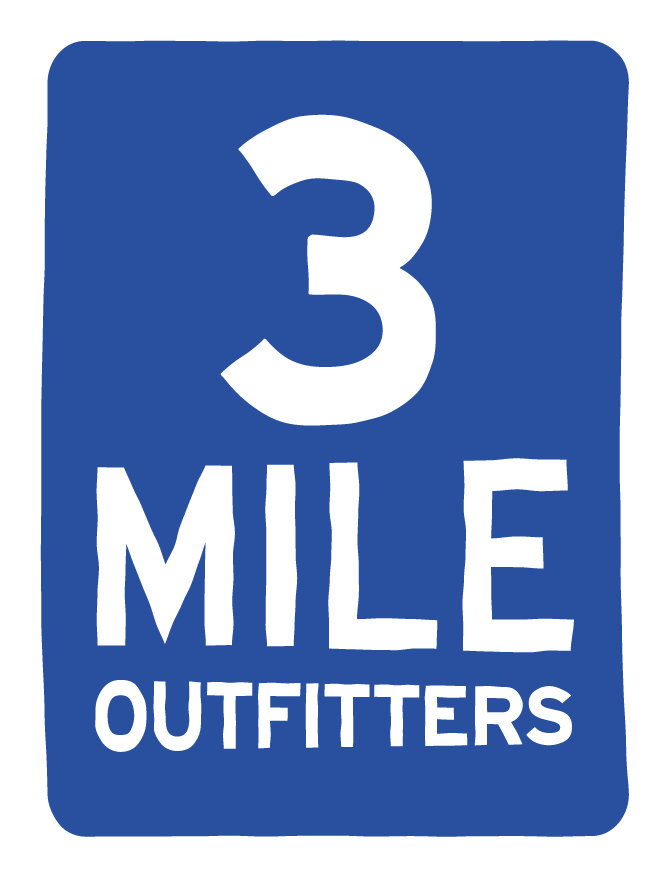 Blue sign with '3 Mile Outfitters' text on a white background