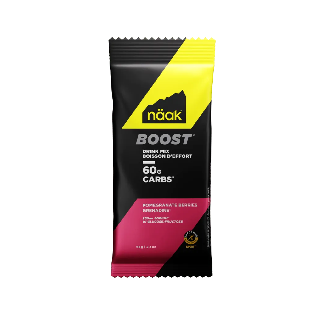 Single-serve sachet of Näak Boost Energy Drink Mix in Pomegranate Berries flavour