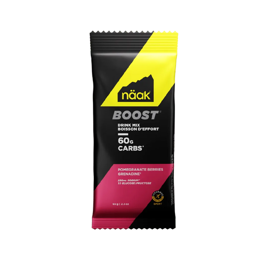 Single-serve sachet of Näak Boost Energy Drink Mix in Pomegranate Berries flavour