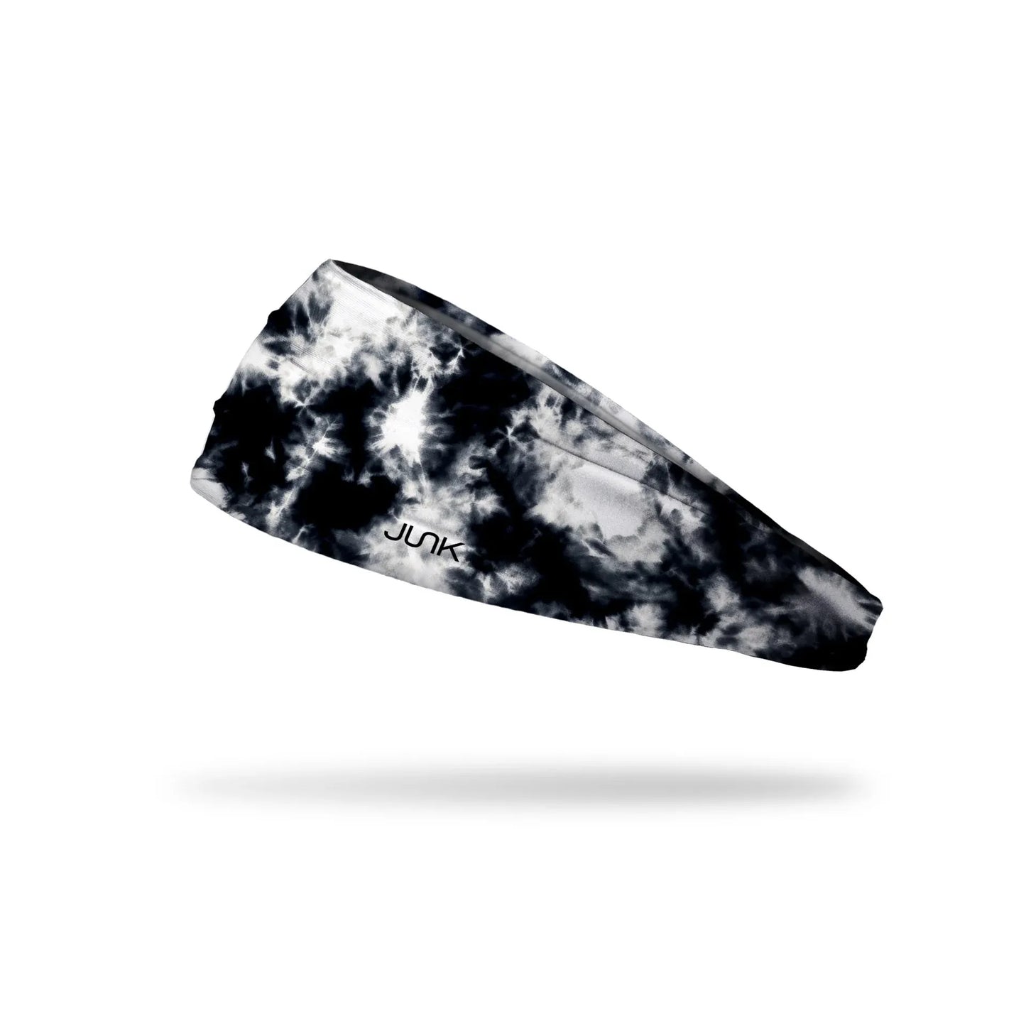 Black and white tie-dye headband with 'JUNK' branding on a white background