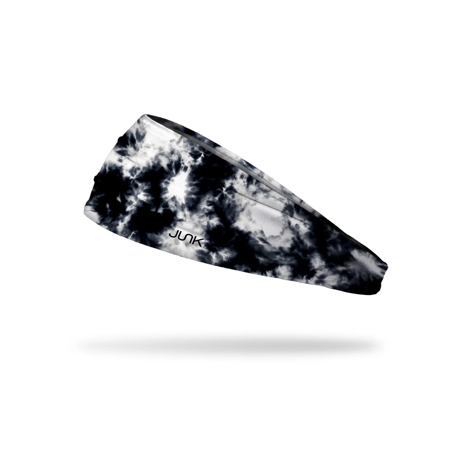 Black and white tie-dye headband with 'JUNK' branding on a white background