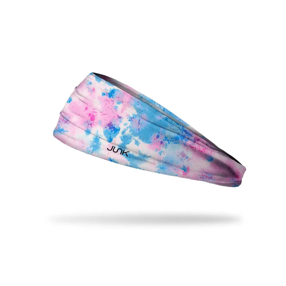 Colorful tie-dye headband with 'Junk' branding on a white background