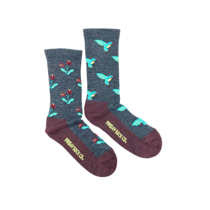 Friday Sock Co. Women's Hummingbird Merino Wool Socks in mismatched hummingbird design.