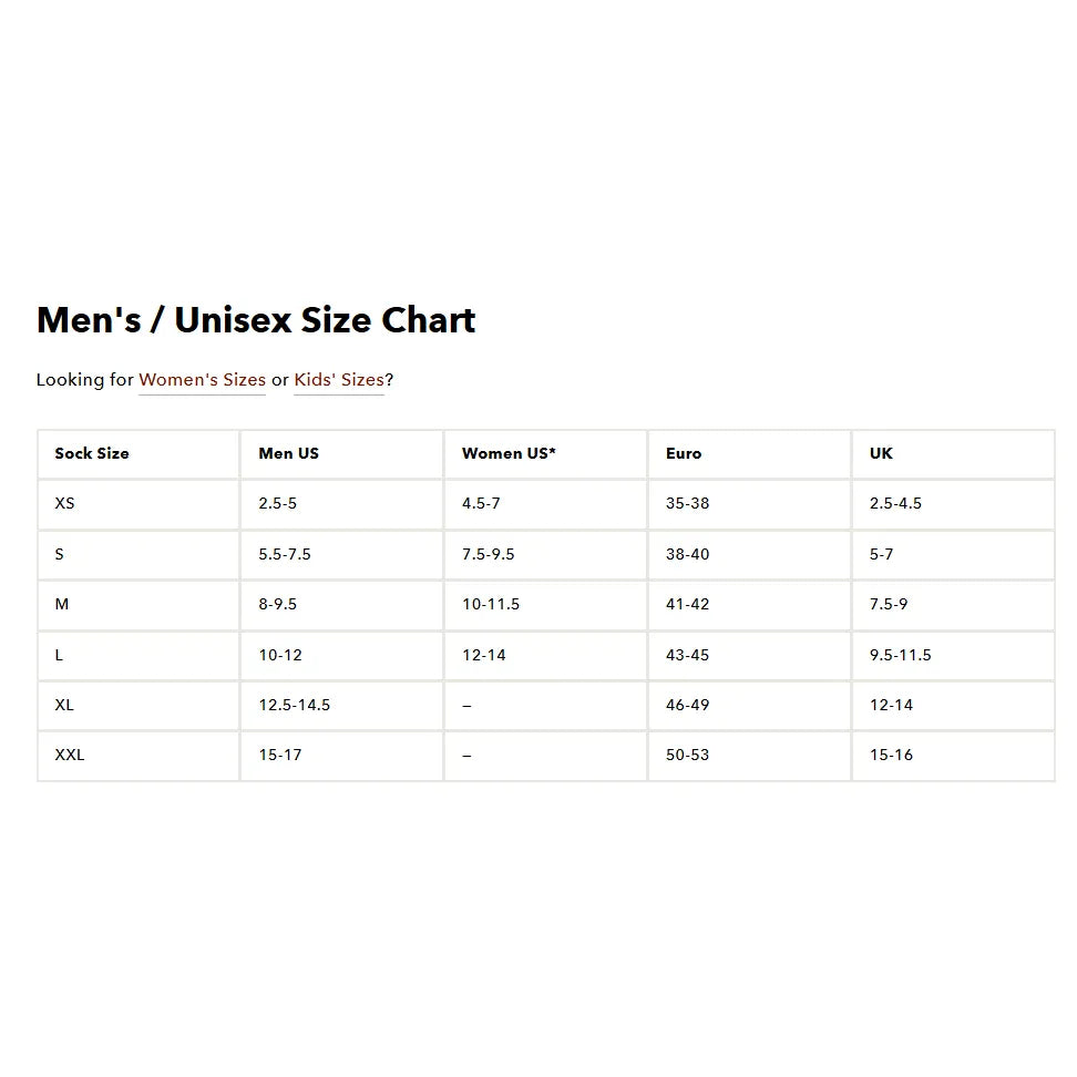 A Darn Tough Sock size chart table titled 'Men's / Unisex Size Chart' showing sock size conversions from Men US, Women US, Euro, and UK sizes to Sock Size (XS through XXL) on a white background. 