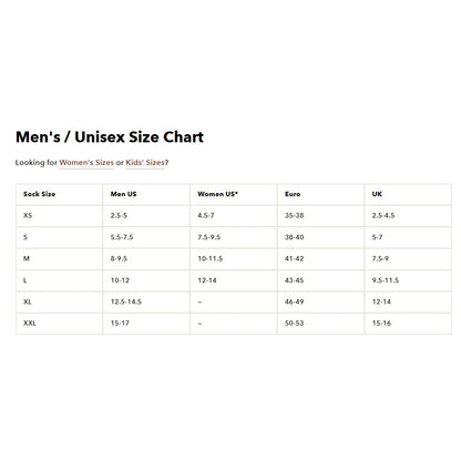 A Darn Tough Sock size chart table titled 'Men's / Unisex Size Chart' showing sock size conversions from Men US, Women US, Euro, and UK sizes to Sock Size (XS through XXL) on a white background. 