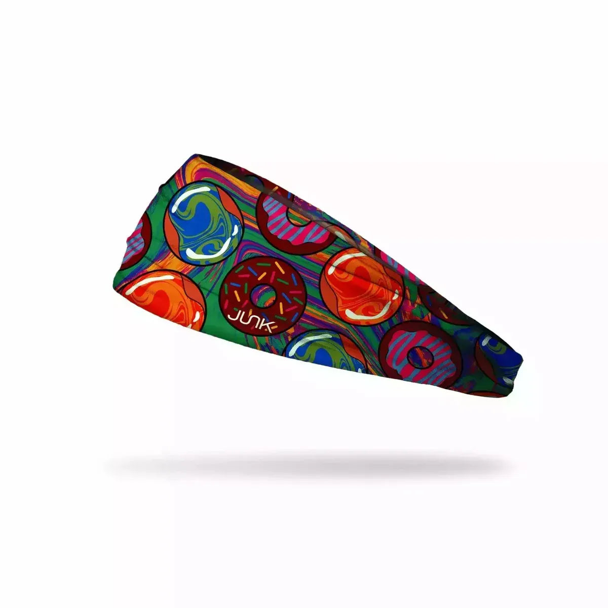 Colorful JUNK headband with colourfull donut design on a white background