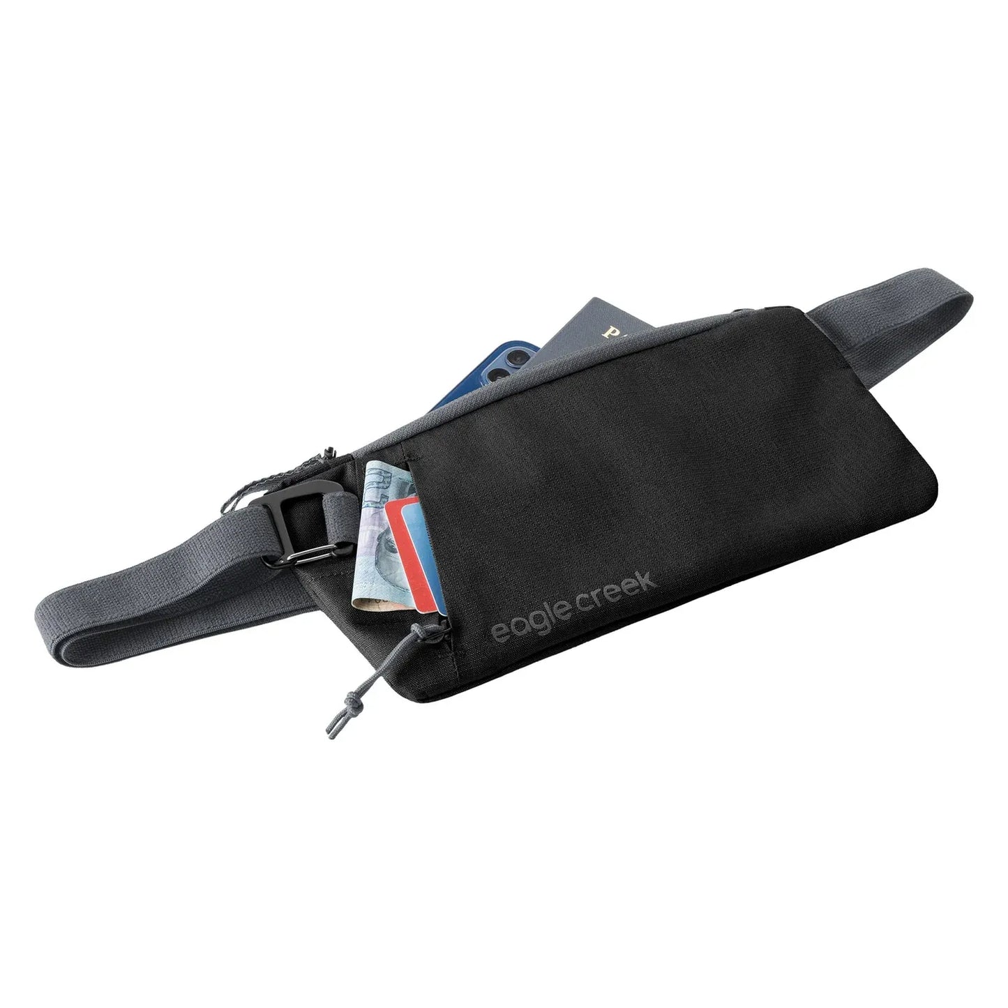 Black waist bag with a strap, showing brand name, on a white background