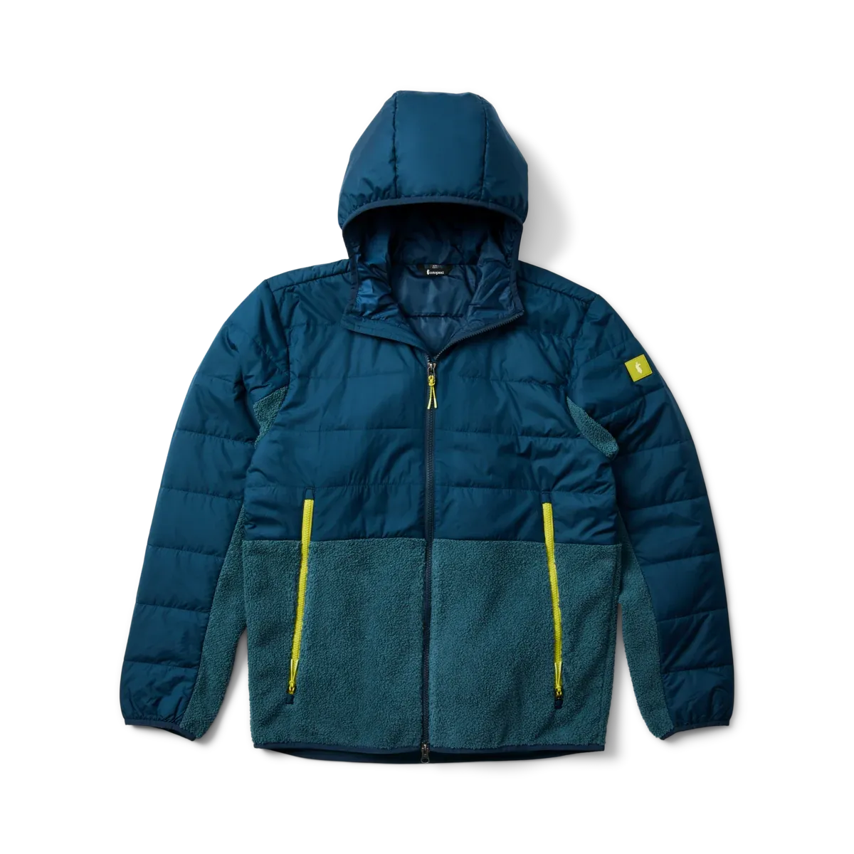 Cotopaxi Men's Trico 2.0 Hybrid Jacket in teal showing colorblocked high-pile fleece and insulated chest panel.