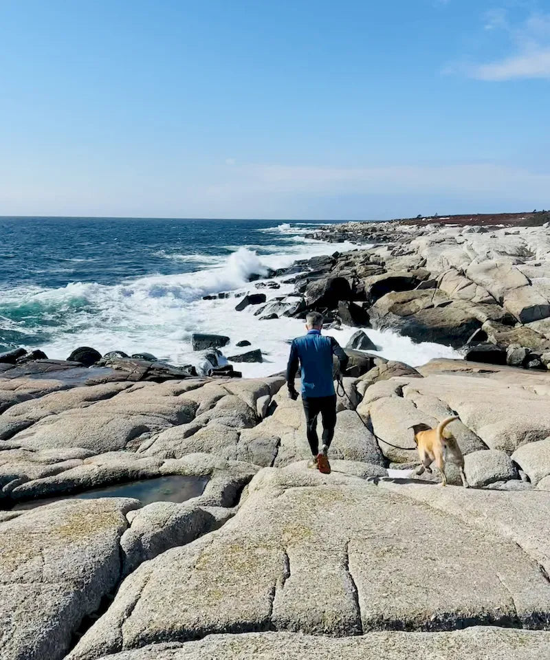 Person walking on rocky coastal path with ocean waves in the background