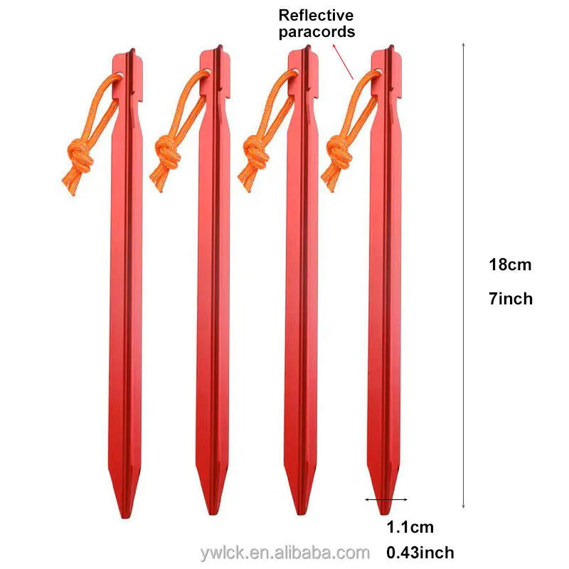 Red tent stakes with reflective paracords and measurements on a white background