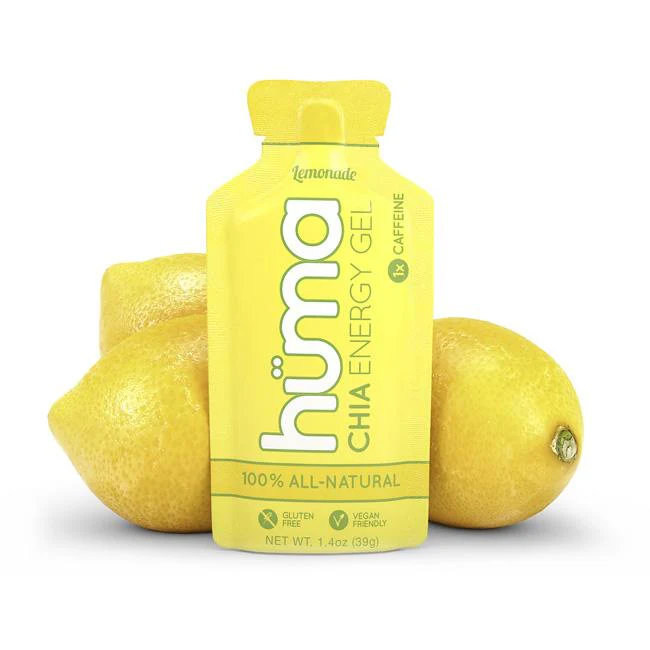 The Hüma Lemonade Energy Gel packet, highlighting its 25mg caffeine content