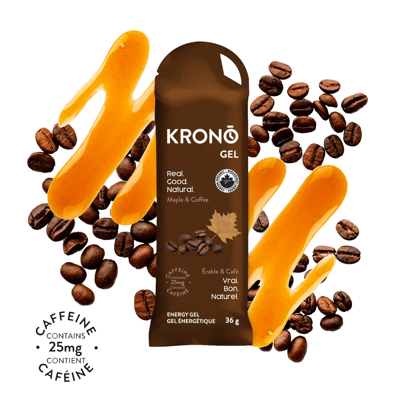 A packet of Krono Maple & Coffee Energy Gel coffee beans and syrup on a white background
