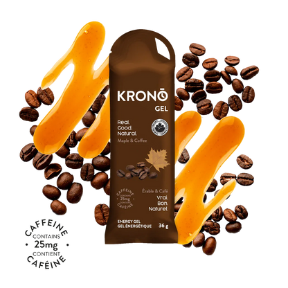 A packet of Krono Maple & Coffee Energy Gel coffee beans and syrup on a white background