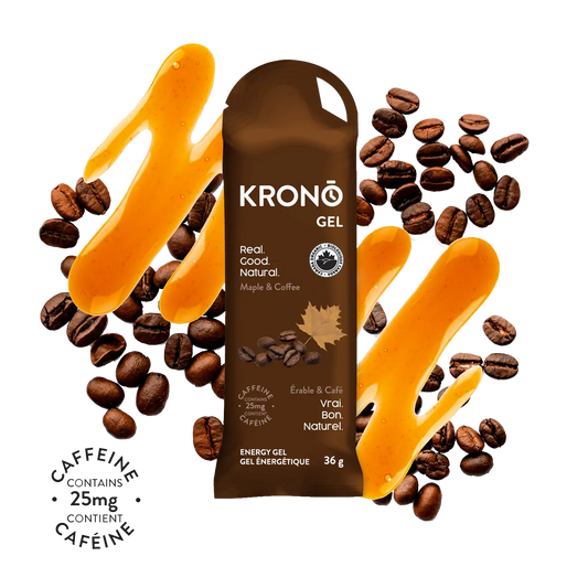 A packet of Krono Maple & Coffee Energy Gel coffee beans and syrup on a white background