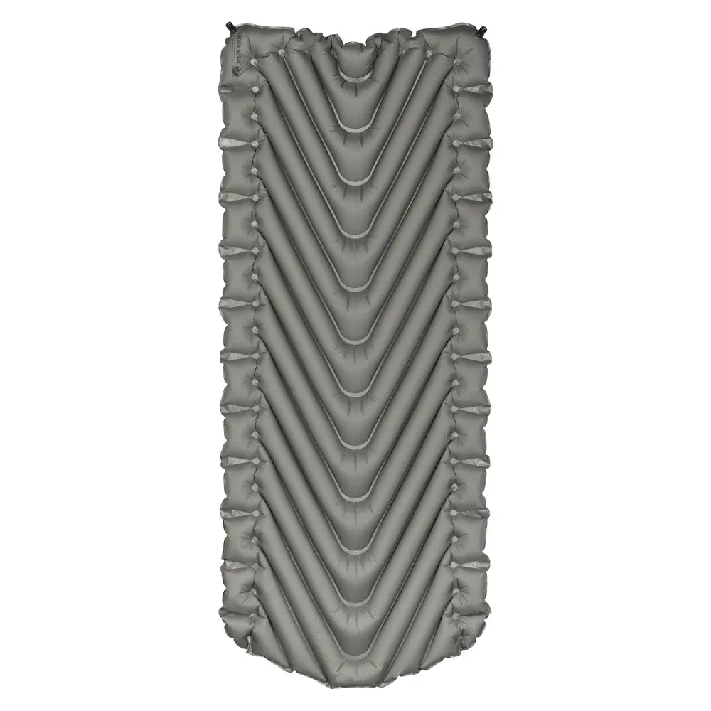 Gray wide inflatable sleeping pad with a wavy pattern on a white background
