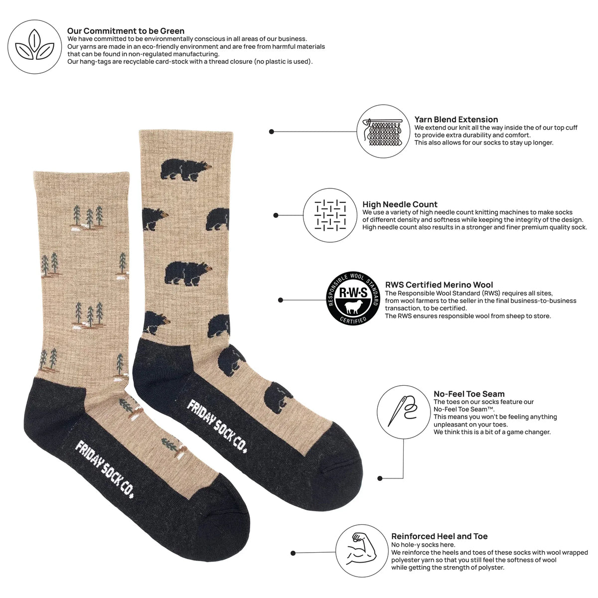 Friday Sock Co. Men's Bear and Tree Merino Wool Socks