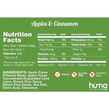 Green nutrition facts label for HUMA Apples & Cinnamon flavored energy gel, showing serving size, calories, nutrients, ingredients, and vegan/gluten/caffeine icons.