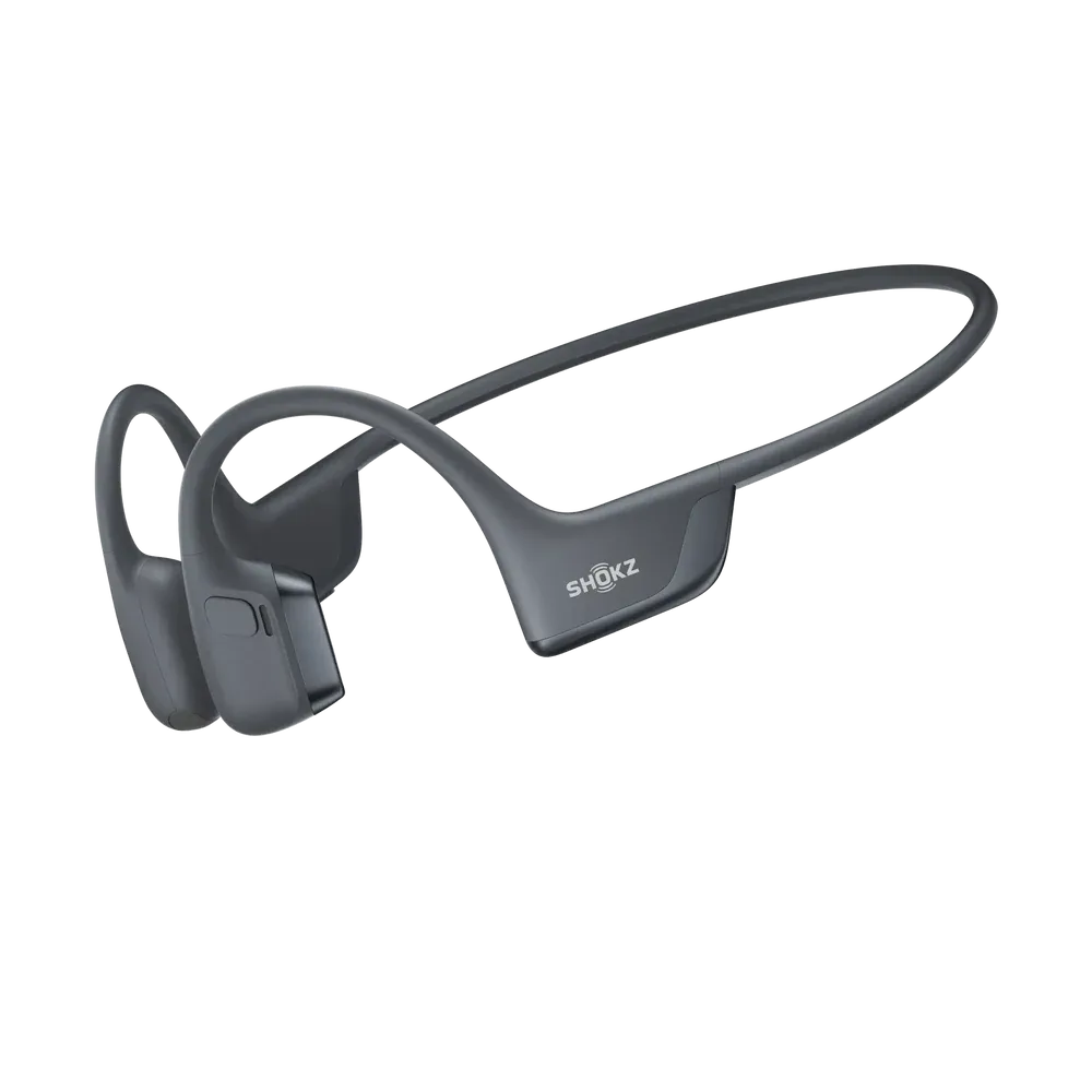 A pair of black Shokz OpenRun Pro 2 bone conduction headphones on a white background