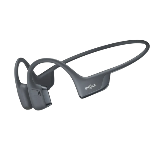 A pair of black Shokz OpenRun Pro 2 bone conduction headphones on a white background