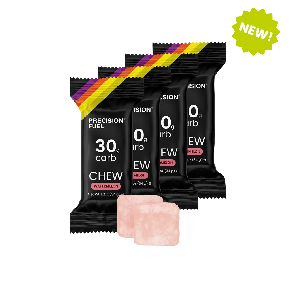 Precision Fuel chew packets with pink chew on a white background