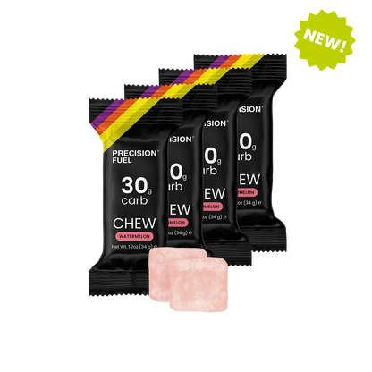 Precision Fuel chew packets with pink chew on a white background