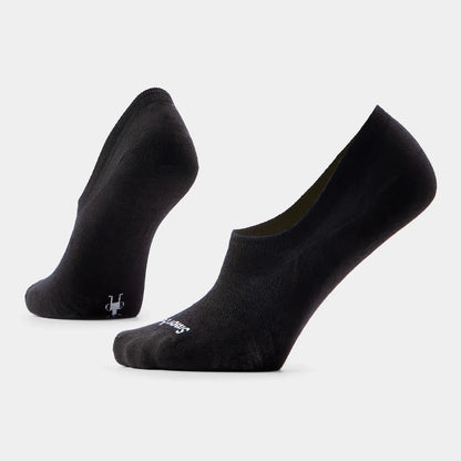 Smartwool Black Everyday Zero Cushion No Show Socks highlighting the internal heel gripper and Virtually Seamless toe.