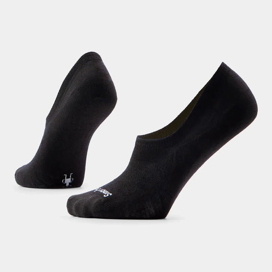 Smartwool Black Everyday Zero Cushion No Show Socks highlighting the internal heel gripper and Virtually Seamless toe.