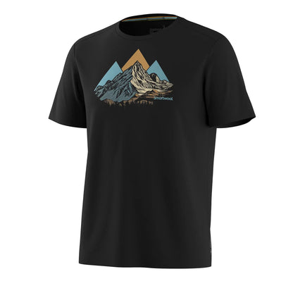 Front view of the Black Smartwool Men's Peak Bagger Active Short Sleeve Graphic Tee showing its custom mountain graphic across the chest.