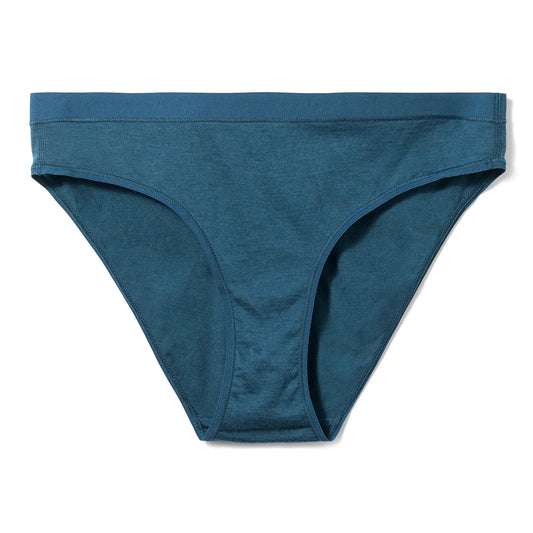 Smartwool Women's Merino Bikini in Twilight Blue highlighting the sleek elastic waistband and Core Spun Merino wool fabric.