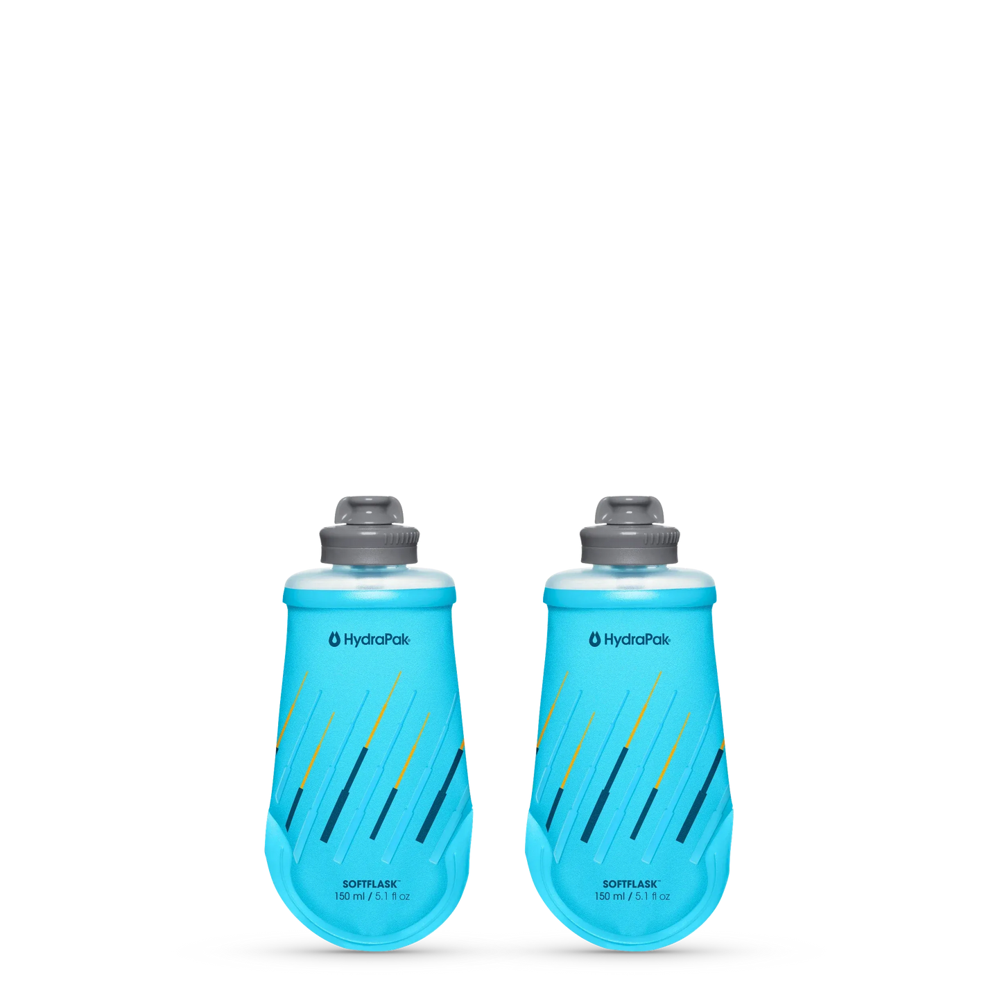 Two HydraPak SoftFlask 150ml collapsible gel flasks with leak-proof nozzles for trail running.