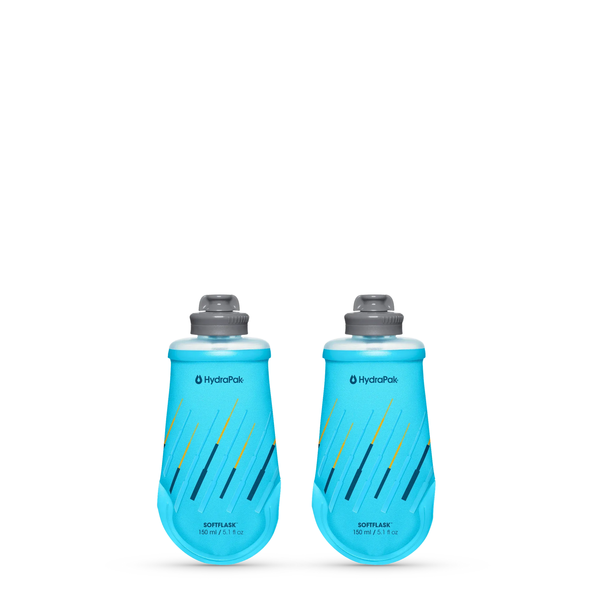 Two HydraPak SoftFlask 150ml collapsible gel flasks with leak-proof nozzles for trail running.