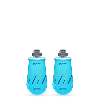 Two HydraPak SoftFlask 150ml collapsible gel flasks with leak-proof nozzles for trail running.