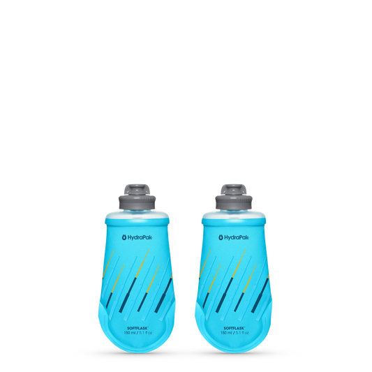 Two HydraPak SoftFlask 150ml collapsible gel flasks with leak-proof nozzles for trail running.