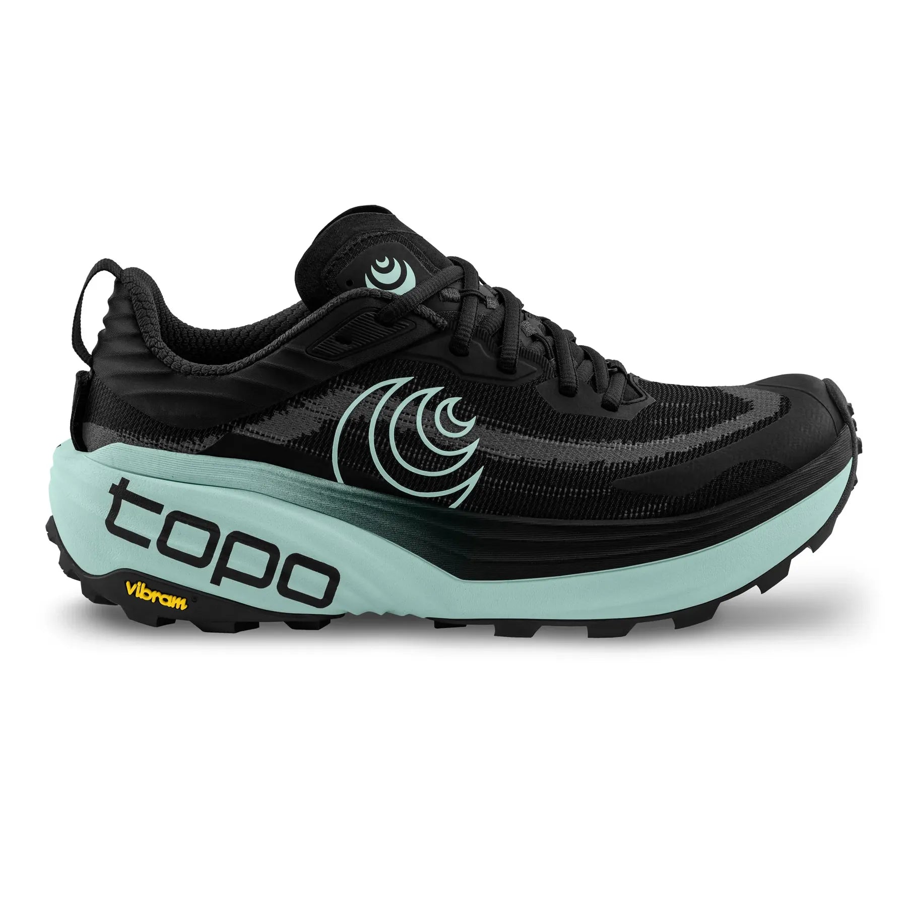 Black and teal Topo Vista Trail running shoe with 'topo' branding on a white background