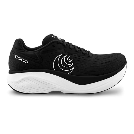 Black Topo Atmos 2 running shoe with white sole on a white background