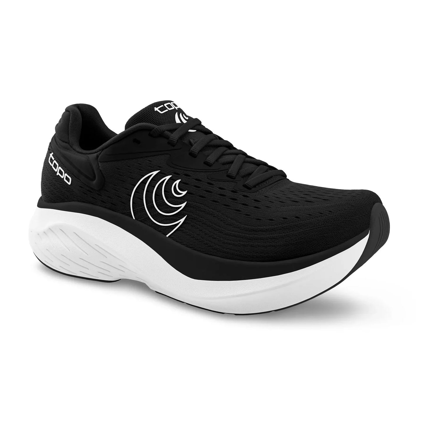 Angled View  of Topo Atmos 2 Black running shoe with white sole on a white background