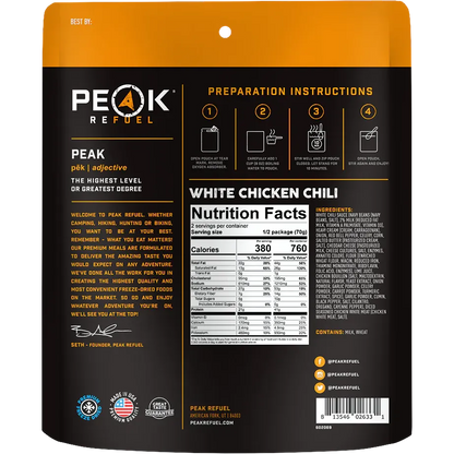 Peak Refuel White Chicken Chili package with nutritional information and preparation instructions.