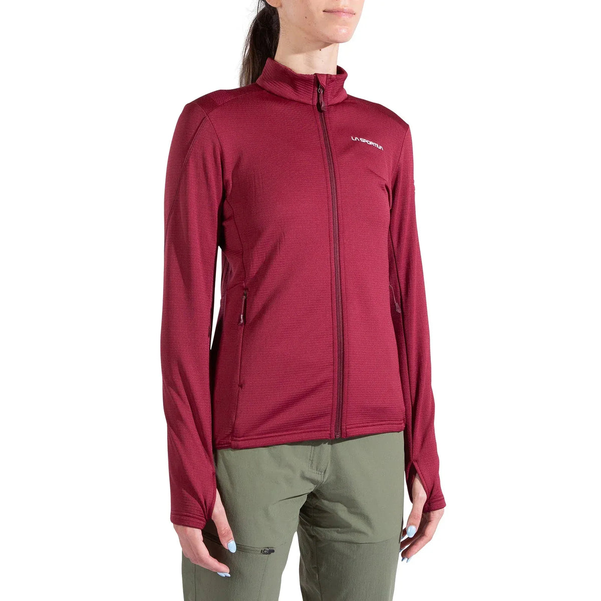 Maroon La Sportiva jacket worn by a person on a white background